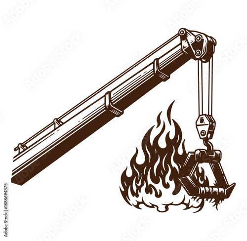 Heavy duty crane with grapple and flaming coals burning in a vector illustration
