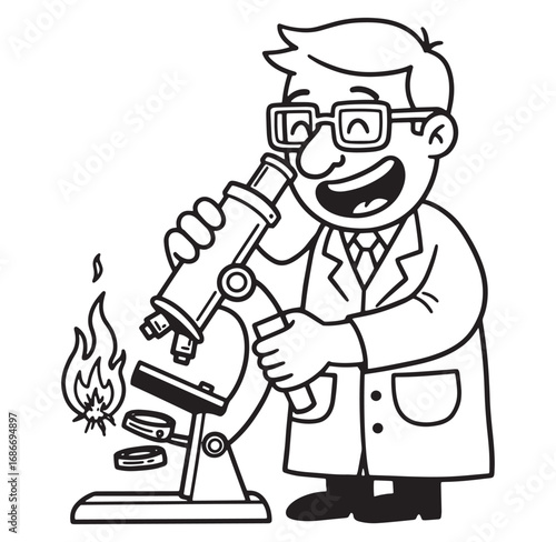 Happy scientist examining sample in microscope in laboratory cartoon illustration