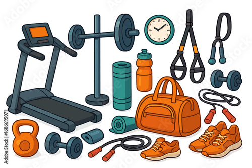 Fitness equipment & gym accessories collection. Vector cartoon icons for workout, sport & healthy lifestyle. Set with treadmill, dumbbell, barbell, kettlebell, mat & bag.