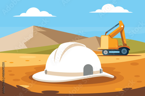 A vibrant illustration of a white safety helmet nestled in a patch of dirt, on a sunny construction site.