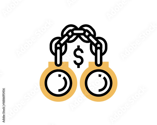 A simple line icon representing financial crime, bribery, or debt, featuring handcuffs chained together with a prominent dollar sign symbol