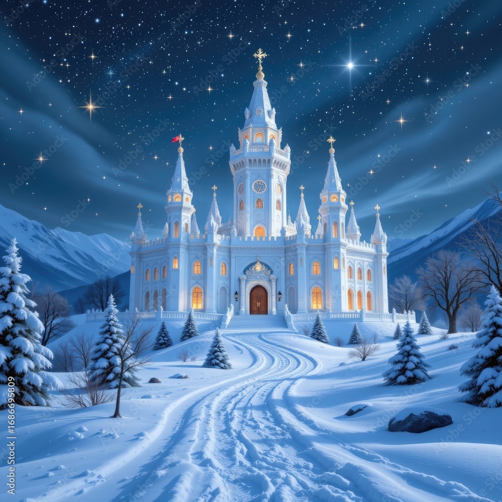 Fototapeta premium Enchanting Fairy Tale Castle Surrounded by Snowy Landscape Under Starry Night Sky