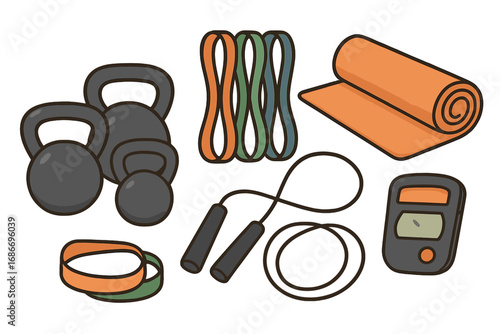 Fitness equipment collection for home gym workout. Vector cartoon illustration set with kettlebell, resistance bands, jump rope, yoga mat and timer for exercise and training.