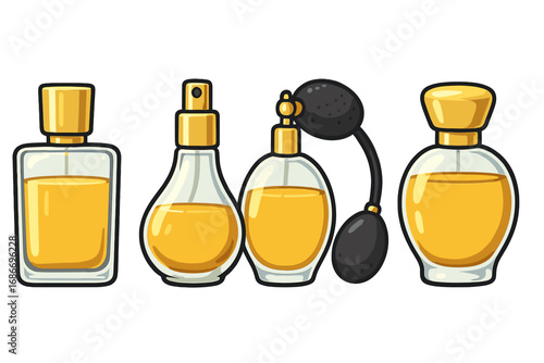 Set of elegant fragrance bottles. Vector cartoon illustration of luxury perfume collection. Various glass cosmetic containers with different spray mechanisms, atomizer and pump.