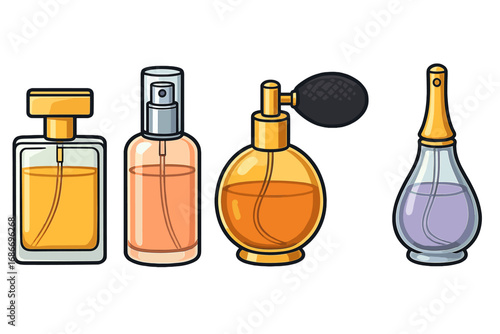 Set of cartoon perfume bottles. Fragrance spray and vintage atomizer. Vector illustration of elegant cosmetic glass containers. Beauty product icon collection for scent design.