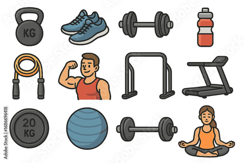 Fitness icons set. Gym workout and exercise equipment collection. Dumbbell, kettlebell, treadmill, barbell. Healthy lifestyle concept, bodybuilding and yoga. Vector cartoon.