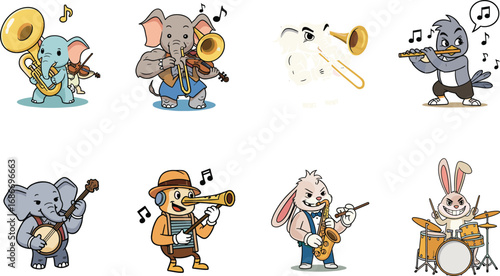 Cute Animal Band Cartoon Illustration, Elephants, Rabbits, and Birds Playing Musical Instruments, Vector Art for Children, Music Education Design