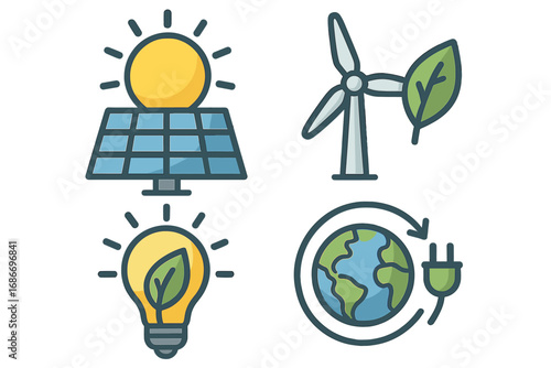 Renewable energy icon set. Green technology and sustainability concept. Solar panel, wind turbine, eco lightbulb and global power symbols. Vector cartoon illustration.