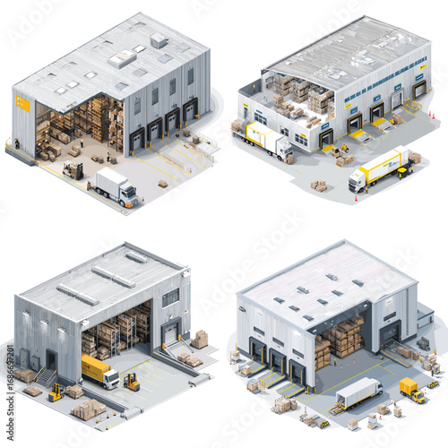 Isometric illustration set of modern warehouses with trucks, storage boxes, and loading docks, ideal for logistics, supply chain, and industrial design projects.