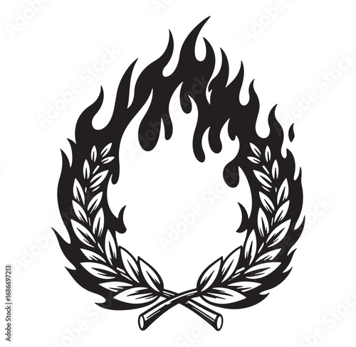 Silhouette illustration of a laurel wreath encircled by flames representing victory and glory