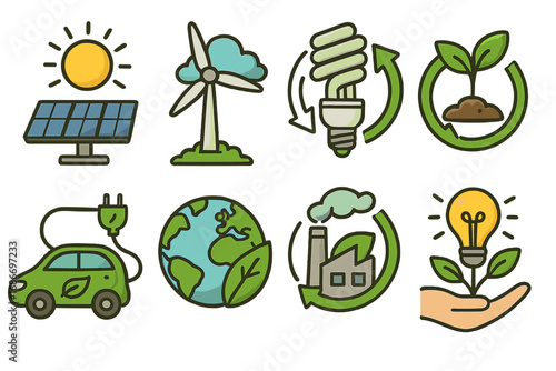 Set of renewable energy icons. Green technology and sustainable practices. Solar panel, wind turbine, electric car, and recycling symbols. Eco-friendly concept vector illustration.