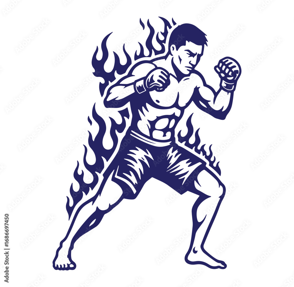 Fototapeta premium Silhouette of a muscular boxer surrounded by flames in a dynamic fighting pose