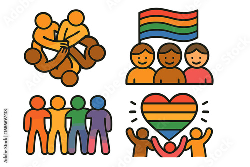 Pride month icon set vector. LGBTQ community celebration. Rainbow flag heart. Gay lesbian love equality. Diverse people teamwork cartoon illustration. Human rights support symbol.