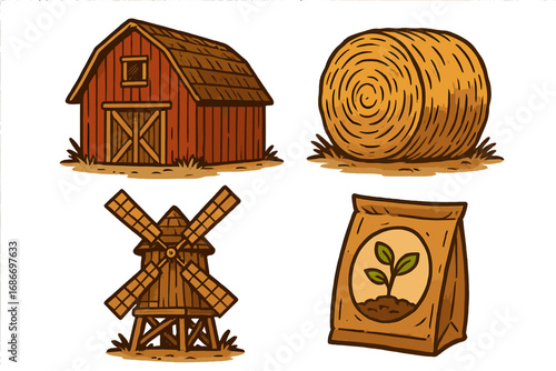 Farm and agriculture icon set with barn, hay bale, windmill, and seeds. Rustic cartoon vector illustrations for farming concepts. Countryside life and harvest elements.
