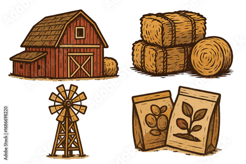 Farm and agriculture icon set. Rustic vector illustrations of a barn, hay bale, windmill, and seed packets. Hand-drawn vintage farming elements for harvest concept design.