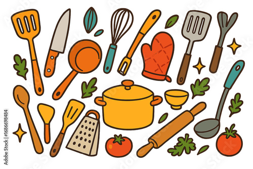 Kitchen utensils cooking tools set. Culinary equipment doodle collection. Vector cartoon icon. Kitchenware, cookware for recipe. Pot, knife, spatula, whisk, ladle, grater, oven mitt