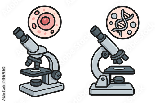 Microscope analyzing cell structure and DNA helix. Science research concept. Biology, genetics, and chemistry laboratory equipment for medical or educational analysis. Vector set.
