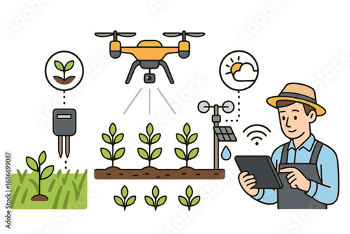 Smart farming technology concept. Farmer with tablet controls agricultural drone, soil sensor, weather station. Modern precision agriculture. Agribusiness IOT innovation vector.