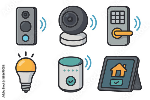 Smart home device icon set for automation and security. Vector cartoon illustration of modern technology for convenience, including smart lock, camera, light, and speaker.