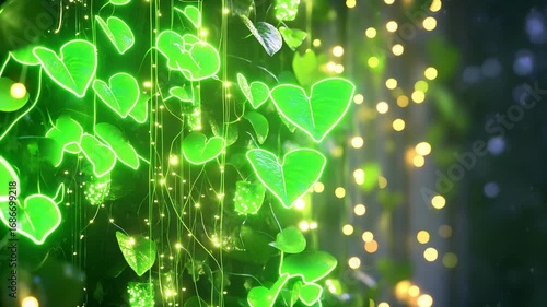 Neon circuits growing like vines across buildings