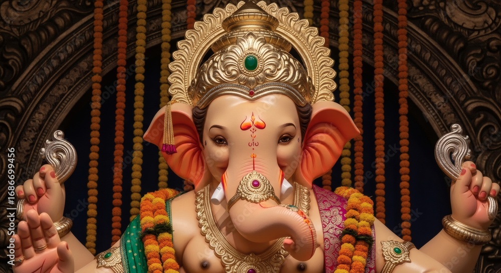 Fototapeta premium Close-up portrait of a Ganesha statue with intricate ornaments and beads on a dark background with warm tones.