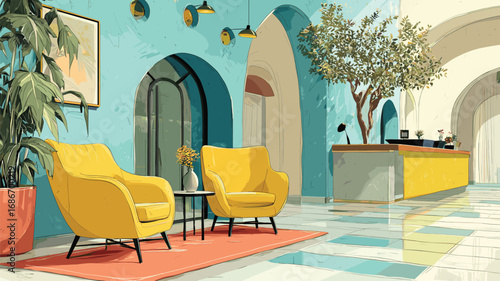 Bright Mediterranean‑style lobby with yellow armchairs, mosaic floor, and potted plants

