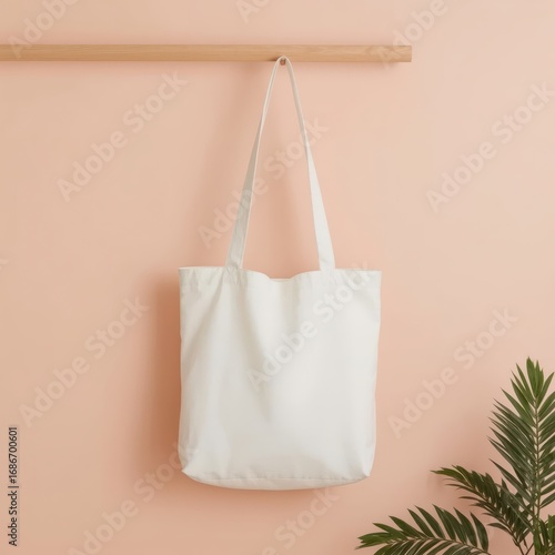 A plain white tote bag hangs from a wooden rod against a pale peach wall.