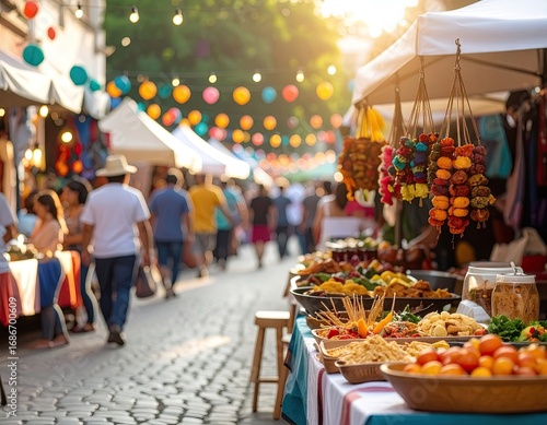 Vibrant Outdoor Market with Diverse Crowd and Colorful Decorations