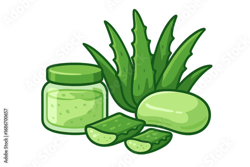 Natural aloe vera gel, soap, and fresh plant vector illustration. Skincare and beauty cosmetic concept. Healthy organic ingredient for skin care products. Cartoon style set.