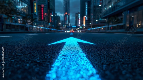 Glowing blue arrow leading forward on city street at night