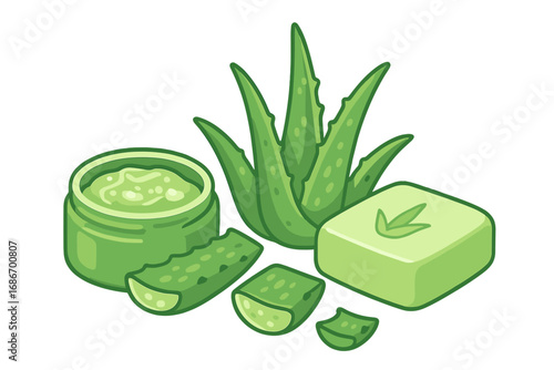 Natural aloe vera skincare set with fresh plant, leaves, gel, and soap. Vector cartoon illustration for beauty and cosmetic products. Herbal ingredient for healthy skin treatment.