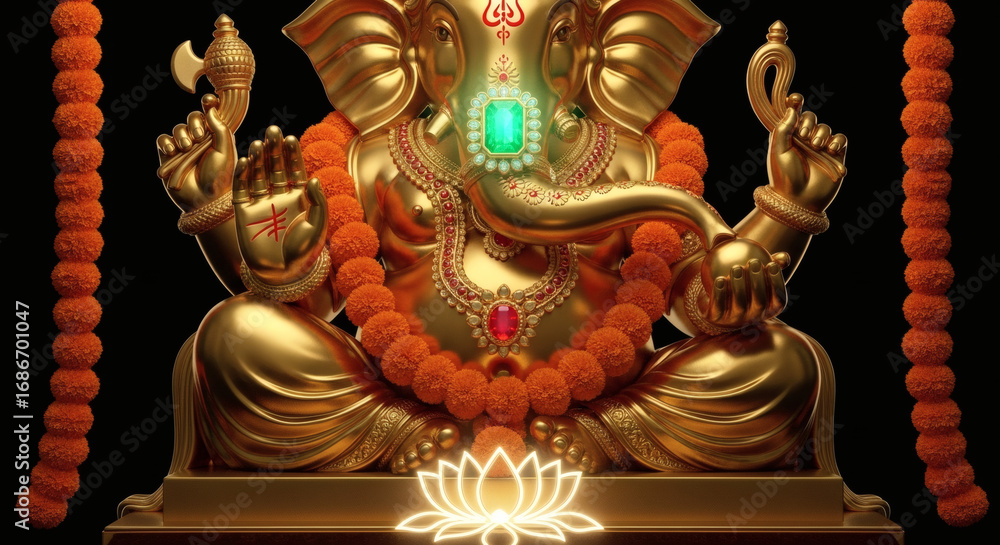 Obraz premium Golden statue of Lord Ganesha with orange garlands on a black background with a lotus flower