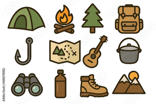 Camping icons set for outdoor activities and gear. Nature adventure and hiking concept. Vector illustration of tent, fire, map, boot, backpack, mountains. Tourism and travel symbols.