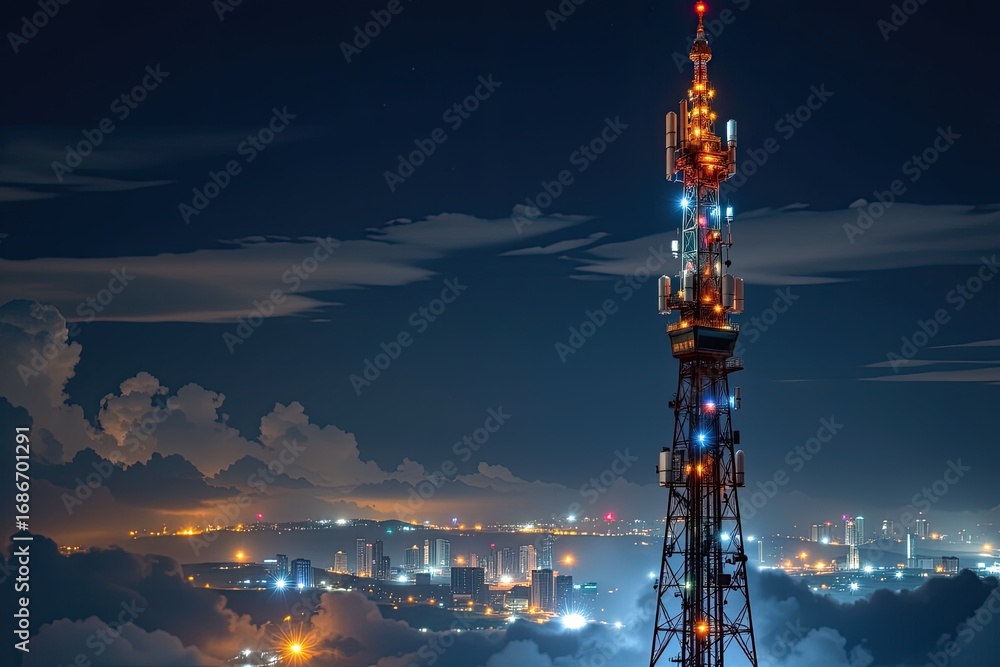 Obraz premium Illuminated Communication Tower Against Night Skyline with Cloudy Atmosphere and City Lights in Background
