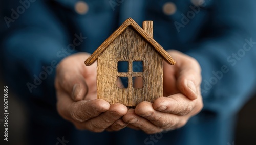 A person cradles a small wooden house. Symbol of home ownership and security