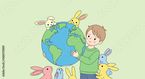 A young boy embraces the Earth, surrounded by colorful bunnies, symbolizing care and environmental awareness.