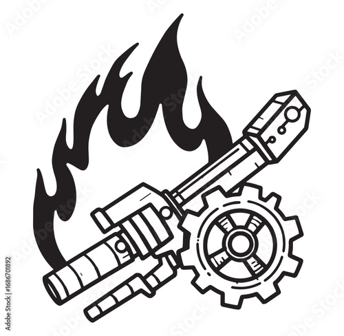 Welder machine gear flame industrial illustration black and white graphic for design purposes