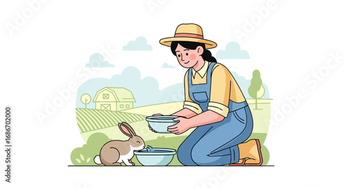 A young woman wearing overalls and a hat kneels to feed a rabbit in a rural setting with a barn and fields in the background.