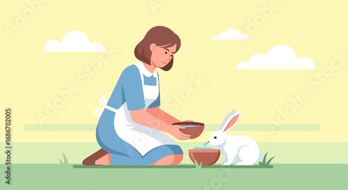 A woman kneels on the grass, offering food from a bowl to a white rabbit in a peaceful outdoor setting.