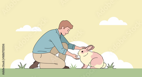A man kneeling, gently feeding a rabbit in a pastoral setting.