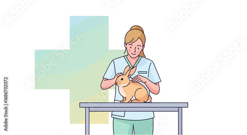 A veterinarian examines a fluffy brown rabbit on an examination table, with a medical cross in the background.