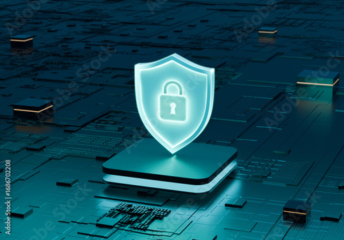 Cybersecurity Shield: A futuristic image of a glowing shield with a padlock symbol, symbolizing digital protection and data security.