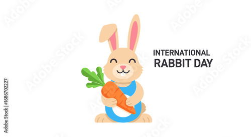 Cartoon rabbit wearing a blue outfit holds a carrot with green leaves, celebrating International Rabbit Day on a white background.