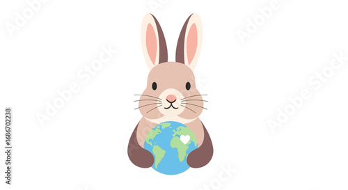 A cartoon rabbit holding a globe with a heart symbol, conveying a message of environmental care and love for the planet.