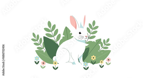 Cute white rabbit surrounded by spring flowers and foliage.