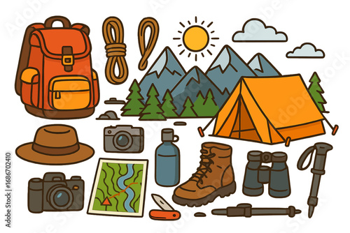 Hiking equipment and camping gear set for outdoor adventure. Vector icon collection for travel and exploring nature. Backpack, tent, mountain, map, boot, trekking pole.
