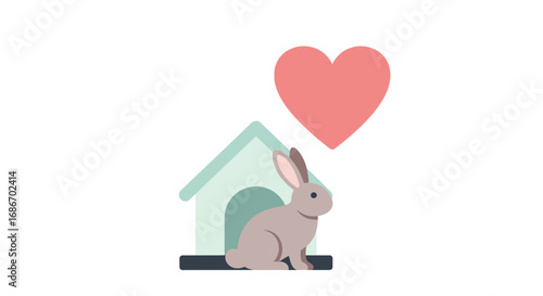 Cute gray rabbit in front of a light teal rabbit hutch, with a pink heart above, symbolizing love and care for pets.