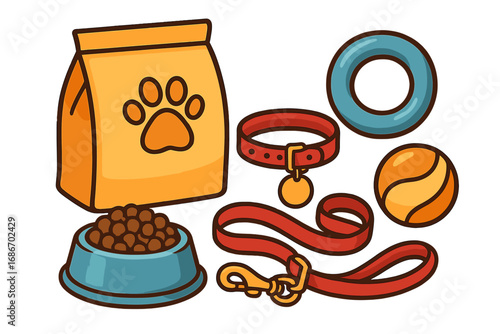 Pet care essentials set with dog and cat accessories. Vector cartoon illustration of food, collar, leash, and toys. Concept for pet shop, veterinary clinic, or animal care.