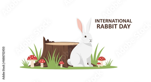 White rabbit sits on a tree stump, celebrating International Rabbit Day, surrounded by mushrooms and grass.