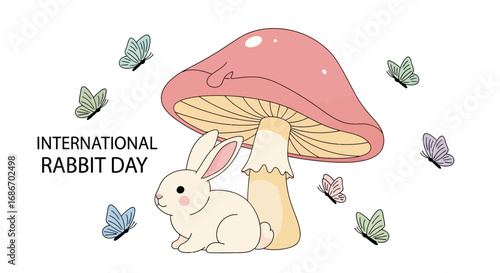 Adorable white rabbit rests under a large pink mushroom, surrounded by colorful butterflies; International Rabbit Day illustration.